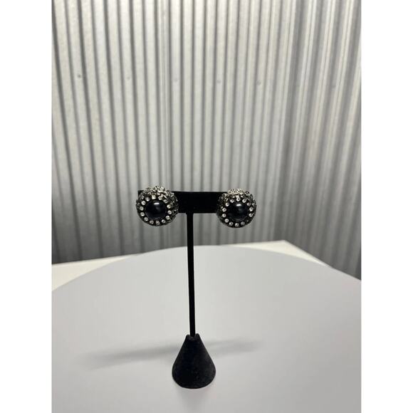 Black Rhinestone Stud Earrings Vintage Cluster Dome Round Sparkle Glam - Picture 6 of 9